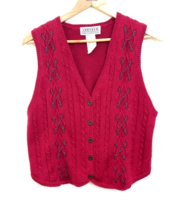 Vtg Jantzen Cable Knit Sweater Vest Women M Red Green Plaid Braid Cotton Ramie - Image 1 of 4