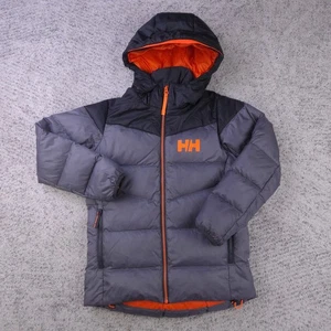 Helly Hansen Jacket Boys Age 10 Medium Down Puffer Hooded Gray Orange Logo - Picture 1 of 10