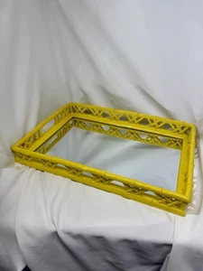 VTG Yellow Lacquer Paint Bamboo Wood Mirrored Vanity Tray Chinoiserie Chic - Picture 1 of 8