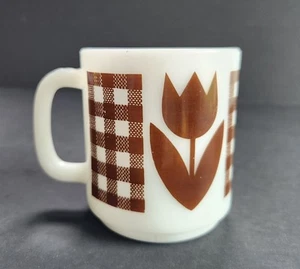 Glasbake Brown Gingham Coffee Mug Tulips Milk Glass 1960’s Kitschy Vintage 9oz. - Picture 1 of 5