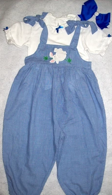 NIÑA 2: Vintage ~KELLY'S KIDS~ AZUL GINGHAM-CHECK CONEJITO-APLICADO LONGALL MAMELUCO Foto 1 de 3