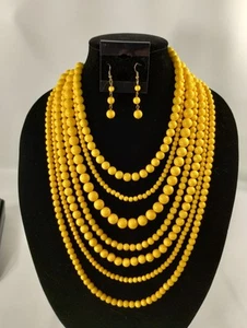 Seven Strand Sunflower Yellow Graduated Bead Necklace Matching Earring Set - Picture 1 of 10