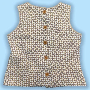 VTG 80s Sz 12 Sleeveless Bamboo Button Back Braided Rim Woven Print Lined Top - Picture 1 of 13