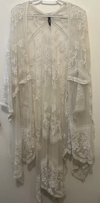 Quimono espanador tórrido marfim bordado malha tamanho único boho capa de renda - Imagem 1 de 4