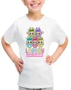 Labubu Birthday Themed T-Shirt Personalised Monster Shirt Cartoon Kids Girls Boy - Picture 1 of 2