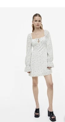 Vestido H&M Mujer M Crepé Floral Azul/Blanco Manga Larga Abullonada Y2K Cottagecore Boho Foto 1 de 4