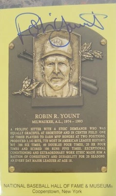 Robin Yount Signed Gold HOF Plaque Postcard Yellow Autograph Brewers JSA - Image 1 of 2