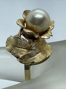 VINTAGE HANDMADE Solid 13.5K Yellow Gold White Pearl FLOWER Ladies Ring 8.2gr. - Picture 1 of 24
