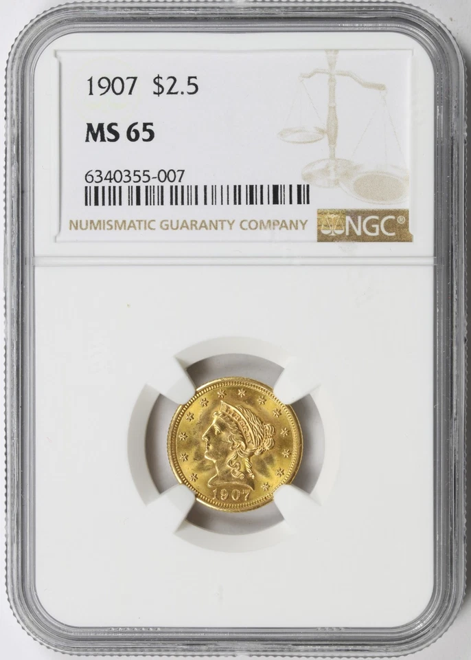 1907 年 2.5 美元自由女神 25 美分鹰 NGC 评级 MS65 — 第 1/4 张图片