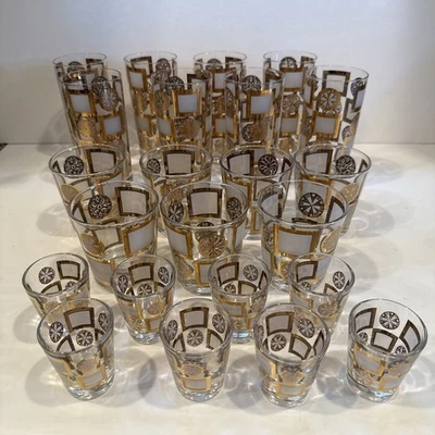 Juego de 23 vasos vintage dorados mediados de siglo Starburst cuadrados bola alta años 50 MCM Foto 1 de 4