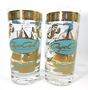 Mid Century CAPE COD Glass Tumblers Gold Aqua Retro Souvenir Barware Tiki - Picture 1 of 13