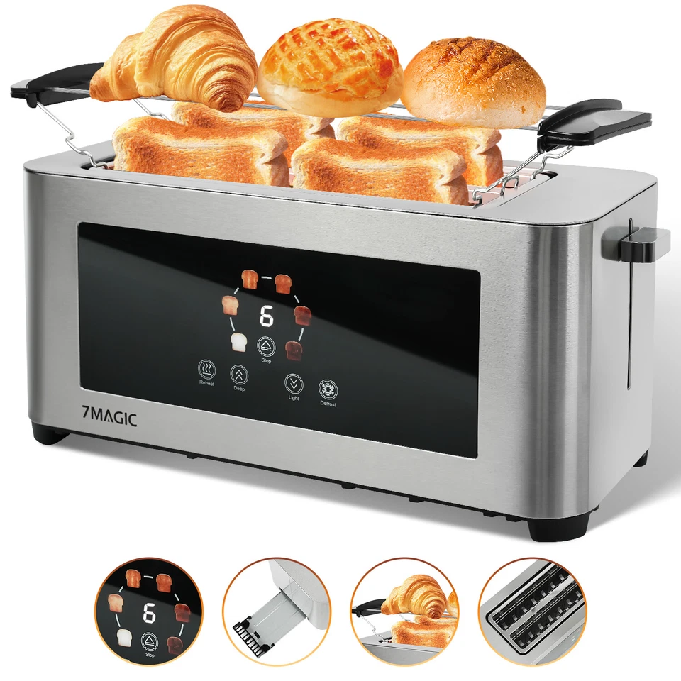 7MAGIC Toaster 1400W Edelstahl 4 Scheiben Brötchenaufsatz Toastautomat Krümelschublade