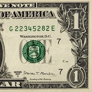 Billete de un dólar con escalera de cuatro dígitos número de serie elegante G22345282E 2017A cuatro 2s - Imagen 1 de 8