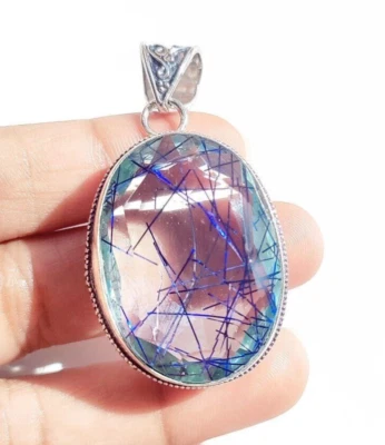 Colgante de plata 925 hecho a mano joyería azul rutilado cuarzo piedras preciosas colgante regalo Foto 1 de 4