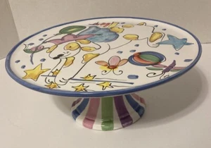 Whimsical “Present Tense” Pedestal Cake Cupcake Plate Stand Hand Painted Italy - Picture 1 of 8