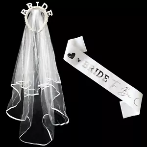 BRIDE TO BE VEIL TIARA SASH SPARKLY PEARL HEN NIGHT PARTY ACCESSORIES ACCESSORY - Picture 1 of 7