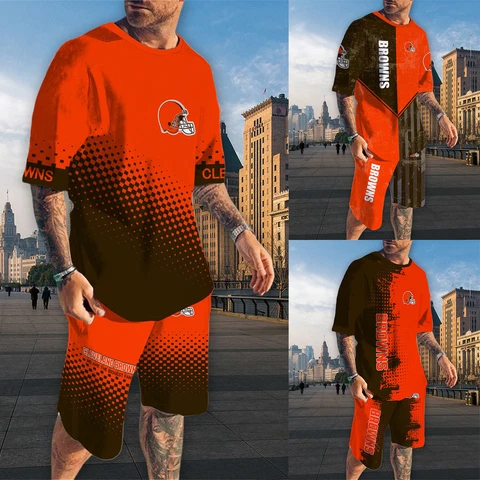 Cleveland Browns Men's 2PCS Tracksuit Summer Loose T-shirts Running Board Shorts Cover