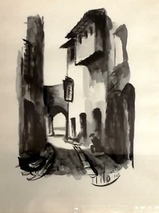 Acquerello su carta_MILO LOMBARDO 1968s_Scorcio di antico budello_Cornice coeva - Foto 1 di 7