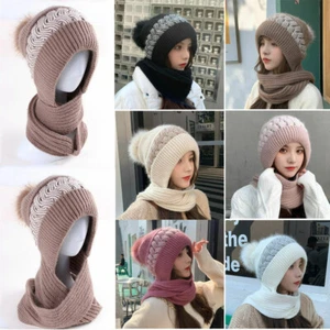 Invierno Para mujeres Gorro Sombreros Bufanda con Capucha Grueso A prueba de viento Cuello Más Cálido Gorra de punto - Imagen 1 de 18