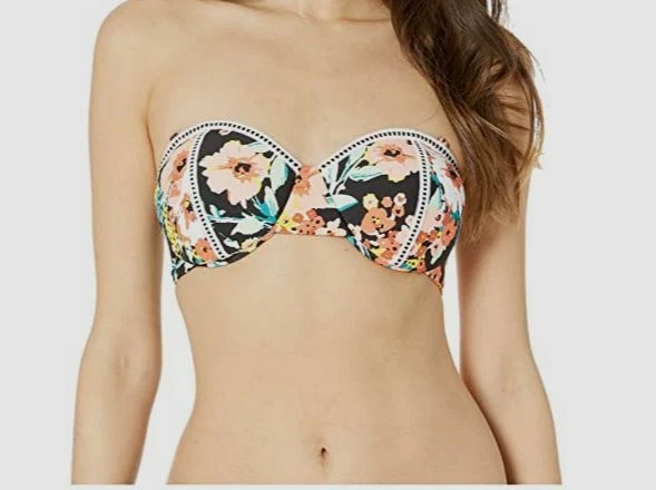 $44 Lucky Brand Para Mujer Negro Flor Salvaje Bandeau Bikini Sujetador Traje de Baño Talla Grande Foto 1 de 1