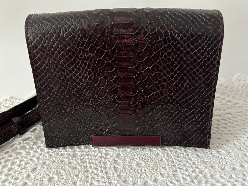 Alice and Olivia Maroon Leather Crossbody Snake Skin Handbag. - Image 1 of 4