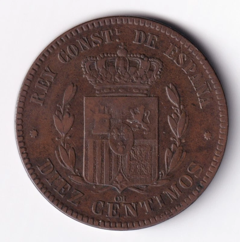 Spain 1874 10c Ten Centimos Bronze Coin King Alfonso XII - Image 1 of 2