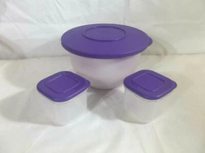 Tupperware Impressions Small Pearl Bowl & 2 Clear Mates Minis with Purple Seals - Picture 1 of 12