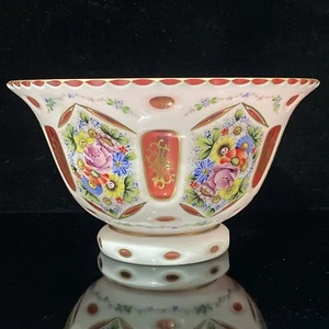 Moser Style Glass Bowl Czech Bohemia White Overlay Cut to Pink Hand Painted - Picture 1 of 11