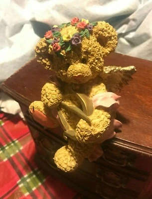 Resin Angel Teddy Bear Shelf Sitter Figurine with Rose Head Wreath + Bow & Arrow - Image 1 of 4