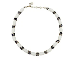Trifari Vintage White Lucite Blue Enamel Flower Beads Choker Necklace, Signed - Picture 1 of 8