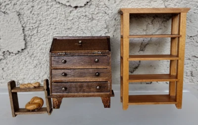 3 Dollhouse Wooden Miniature Furn. Bakers Rack, Drop Leaf Sec. Desk, Bookshelf - Image 1 of 4