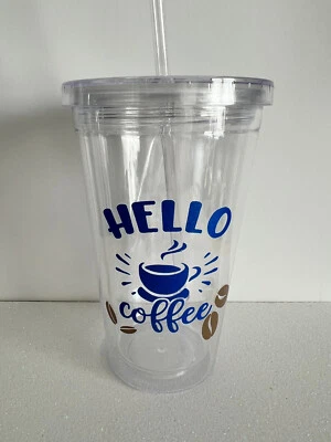 Hello Coffee With Beans GLossy Glitter Vinyl 16oz Acrylic Custom Tumbler - Image 1 of 3