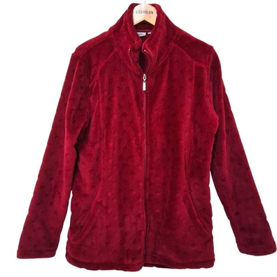 Jason Maxwell Womens PL Cranberry Red Fleece Zip-Up Jacket W/ Polka Dot Texture - Image 1 of 4