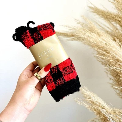 NUEVO J CREW Rojo Negro Tartán Estampado a Cuadros Difuso Acogedor Grueso Tejido Calcetines Unisex Foto 1 de 4