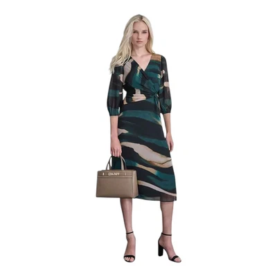 DKNY Printed Balloon-Sleeve V-Neck Side-Twist Midi Dress Green Multi Size 4 - Image 1 of 4