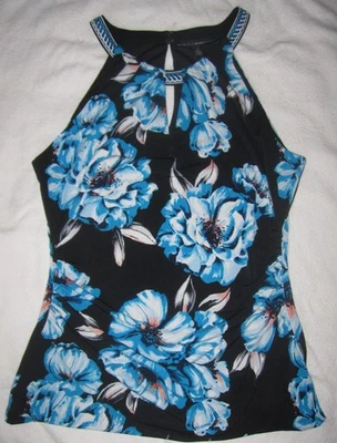 WHITE HOUSE BLACK MARKET WHBM Black Blue Floral Dressy Top Womens Size S M - Image 1 of 4