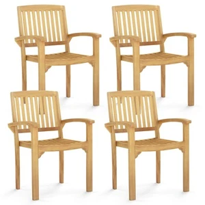 4PCS Outdoor Patio Chair Teak Wood Armchair with Slatted Seat & Curved Seat - Picture 1 of 10