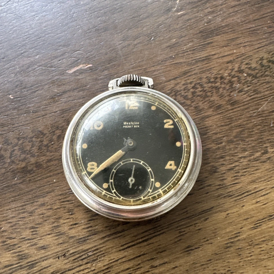 Vintage 1940's WESTCLOX Pocket Ben Black Dial Off White Hands Pocket Watch - Image 1 of 2