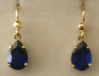 GENUINE  SOLID  9K  9ct YELLOW  Gold  PEAR  SHAPE  SAPPHIRE HOOK EARRINGS Foto 1 de 3