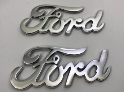 Pair (2) Chrome Metal Adhesive Stick On Script Emblems - 1940 Ford Style - Image 1 of 4