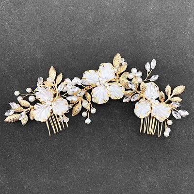 Gold Bridal Hair Pieces with Comb Wedding Pearl Flower Leaf Vine Headpiece Ha... - Image 1 of 4