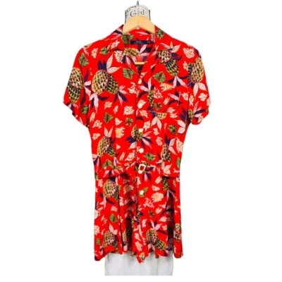 Polo Ralph Lauren Red Pineapple Print Belted Romper Short Sleeve Button Up Sz 12 - Image 1 of 4