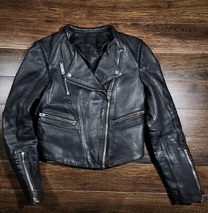 Women Sz 6 H&M Genuine Leather Biker Moto Jacket Biker Black  - Picture 1 of 3