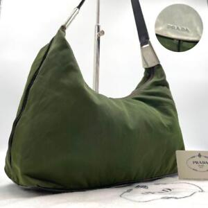 Prada one shoulder bag shoulder bag nylon x leather metal fittings green used 