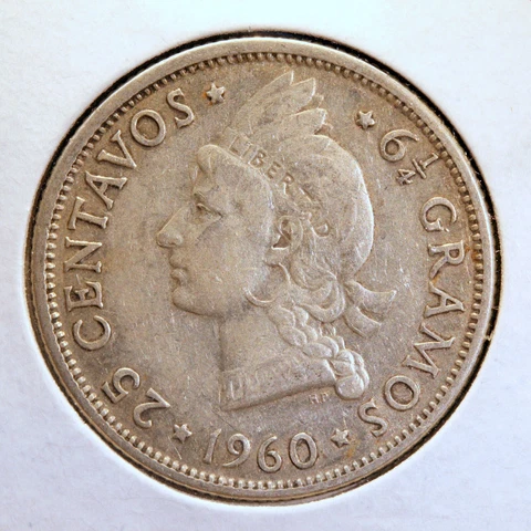 FOREIGN SILVER COIN - Dominican Republic, 25 Centavos, 1960, KM-20, VF CONDITION Cover