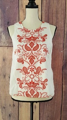 Maison Jules Womens Size Small Embroidered Knit Blouse White With Red - Image 1 of 4