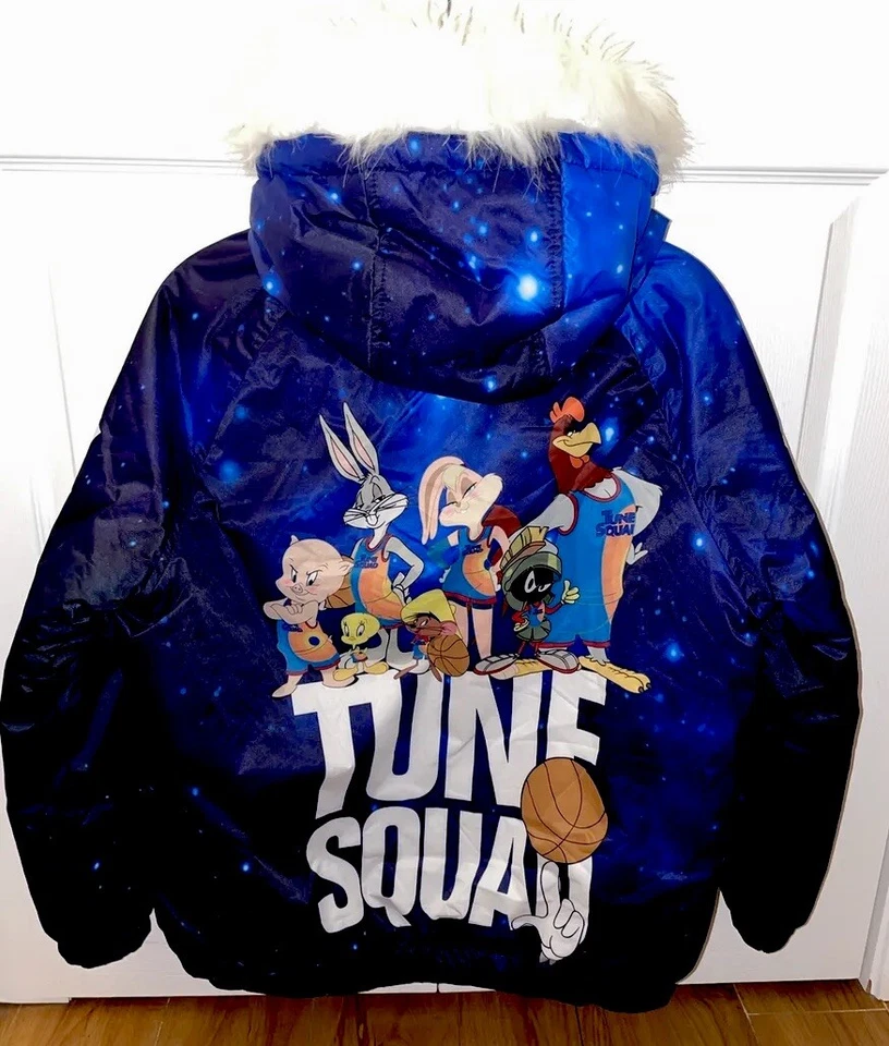 NEW!  RARE (Space Jam) Looney Tunes Blue Galaxy Puffer  Fur Hooded Coat Size- M - Image 1 of 4