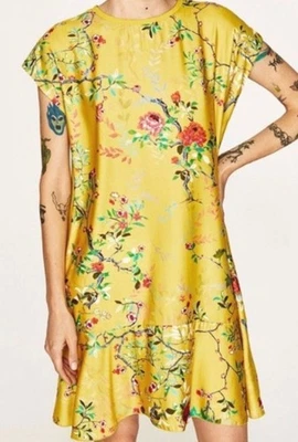 Zara Floral Yellow Mini Dress Cherry Blossom Satin Shift Size Small S Ruffle - Image 1 of 4