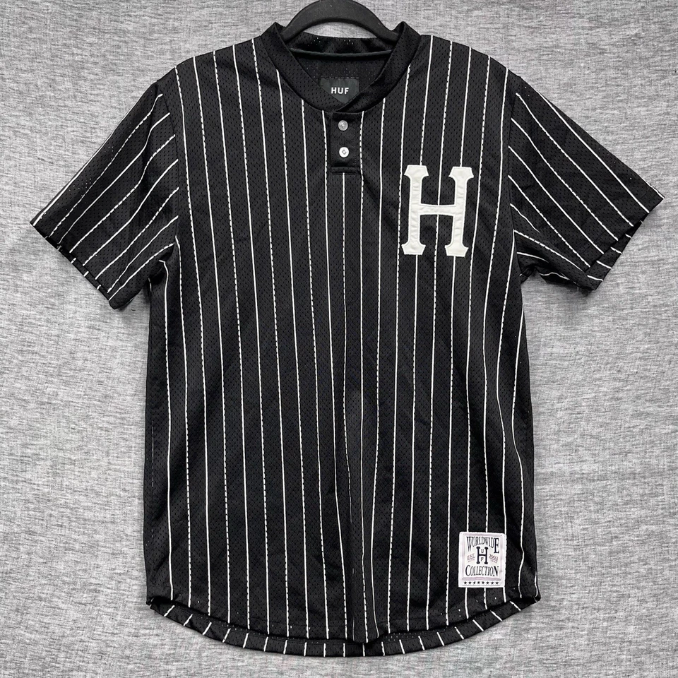 Prendedor de béisbol negro a rayas HUF Worldwide Collection para hombre talla L mediana Y2K Foto 1 de 4