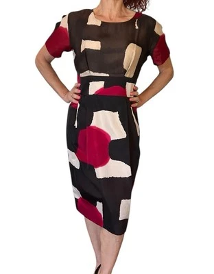 VINTAGE MOSCHINO  CHEAP & CHIC DRESS A LINE  SATIN ABSTRACT MULTI CAP SLEEVE  10 - Image 1 of 4